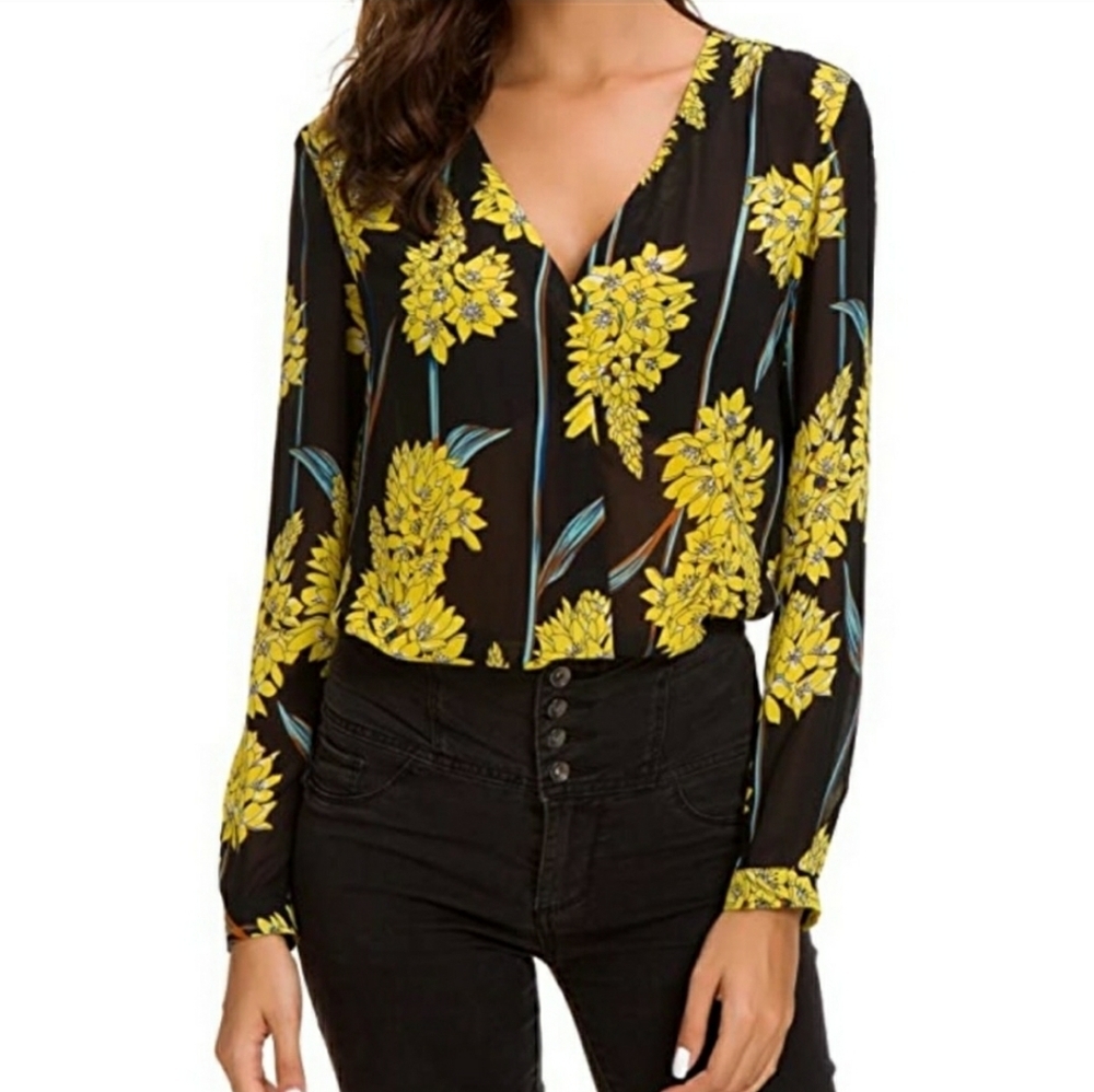 Urban Coco long sleeve sheer black Yello floral button blouse; Size small